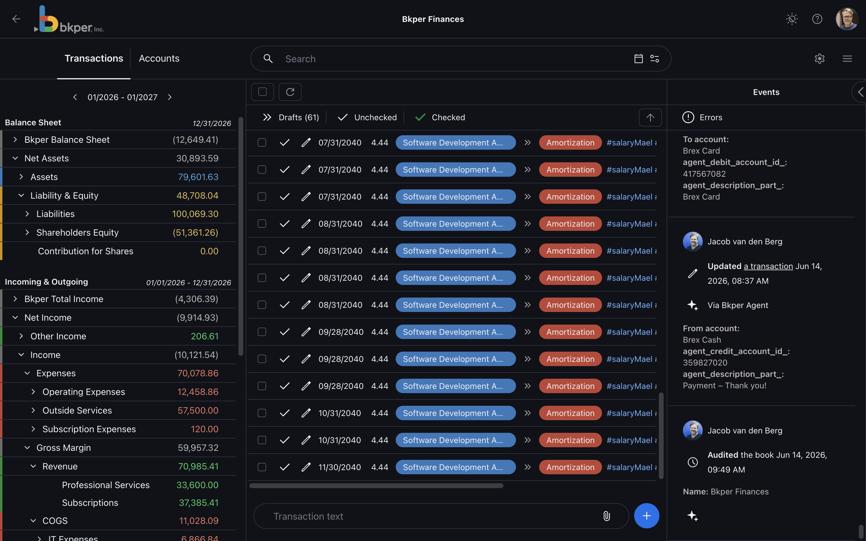 The current Bkper Events panel showing contextual activity and audit entries