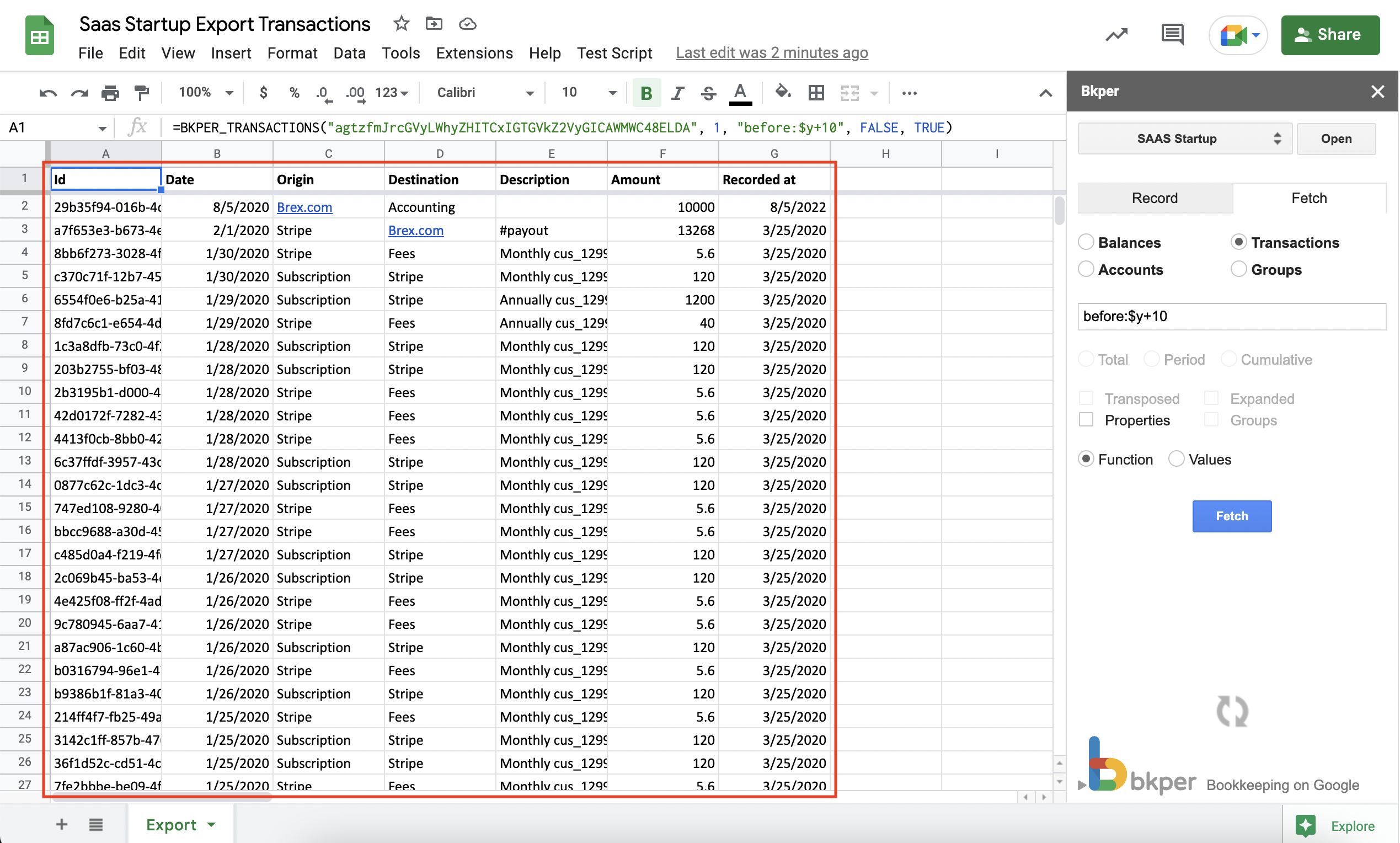 Transactions fetched from Bkper into a Google Sheet