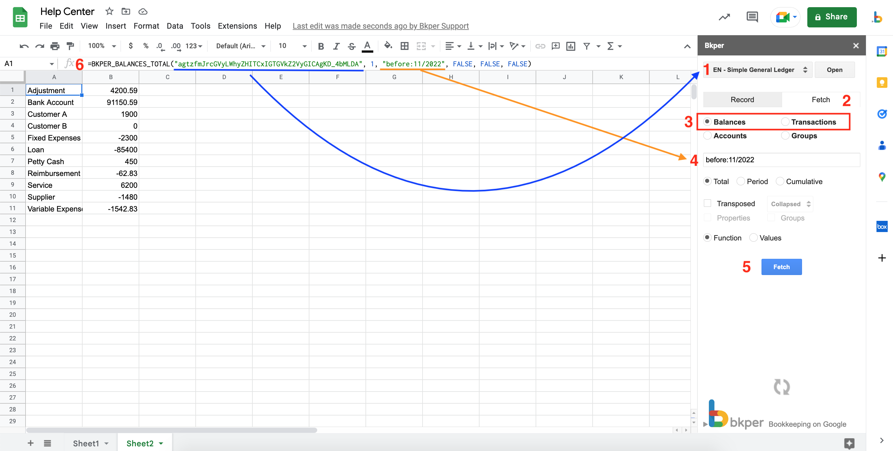 Bkper Add-on sidebar showing the Fetch Balances options with query input