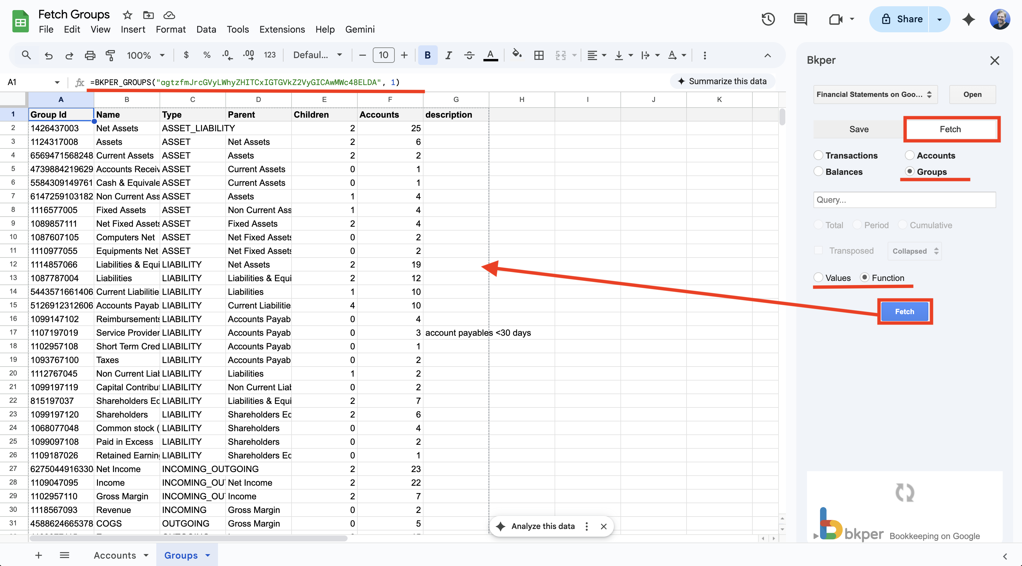 Fetch Groups tab in the Bkper Add-on sidebar