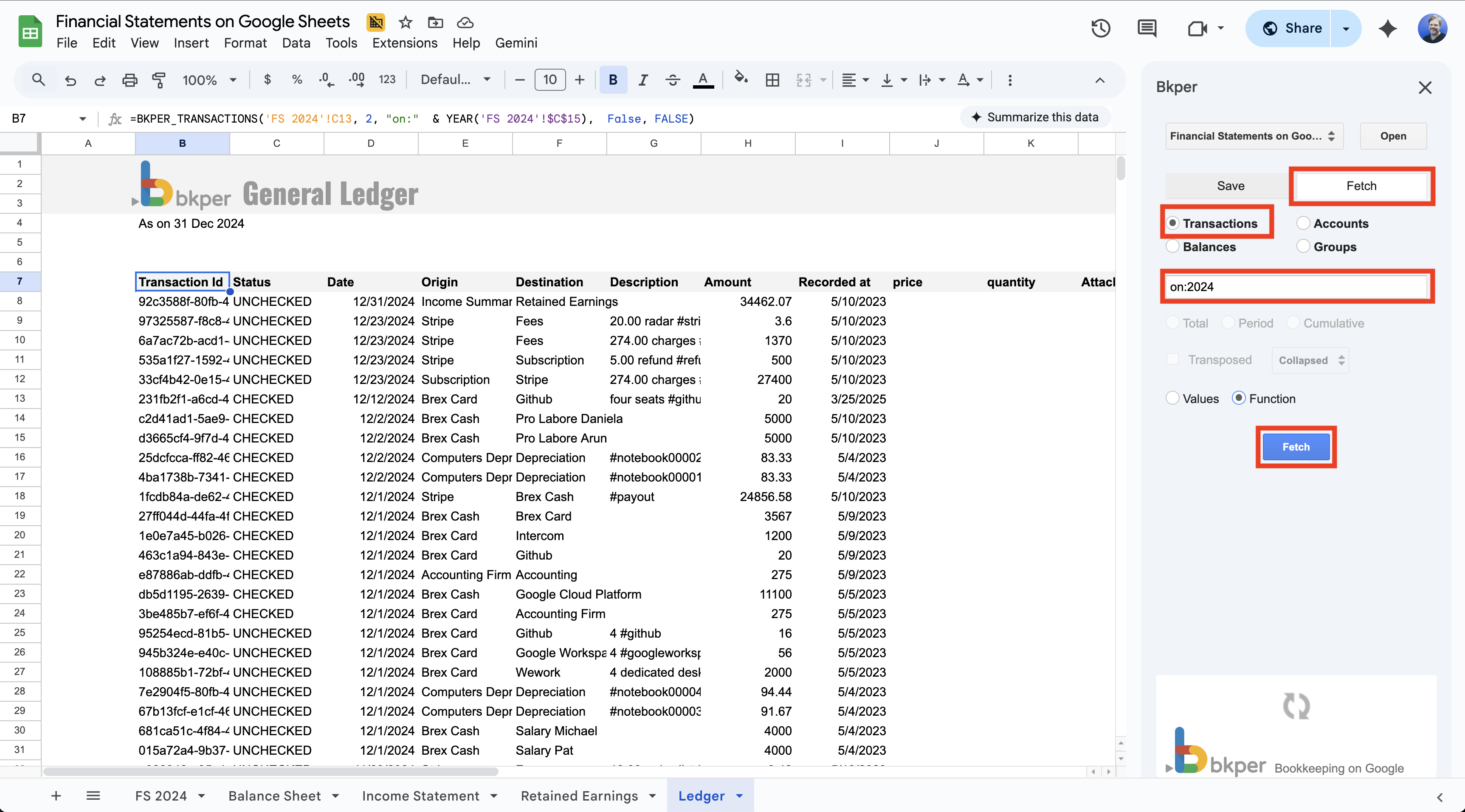 Fetch Transactions tab in the Bkper Add-on sidebar showing query input and output options
