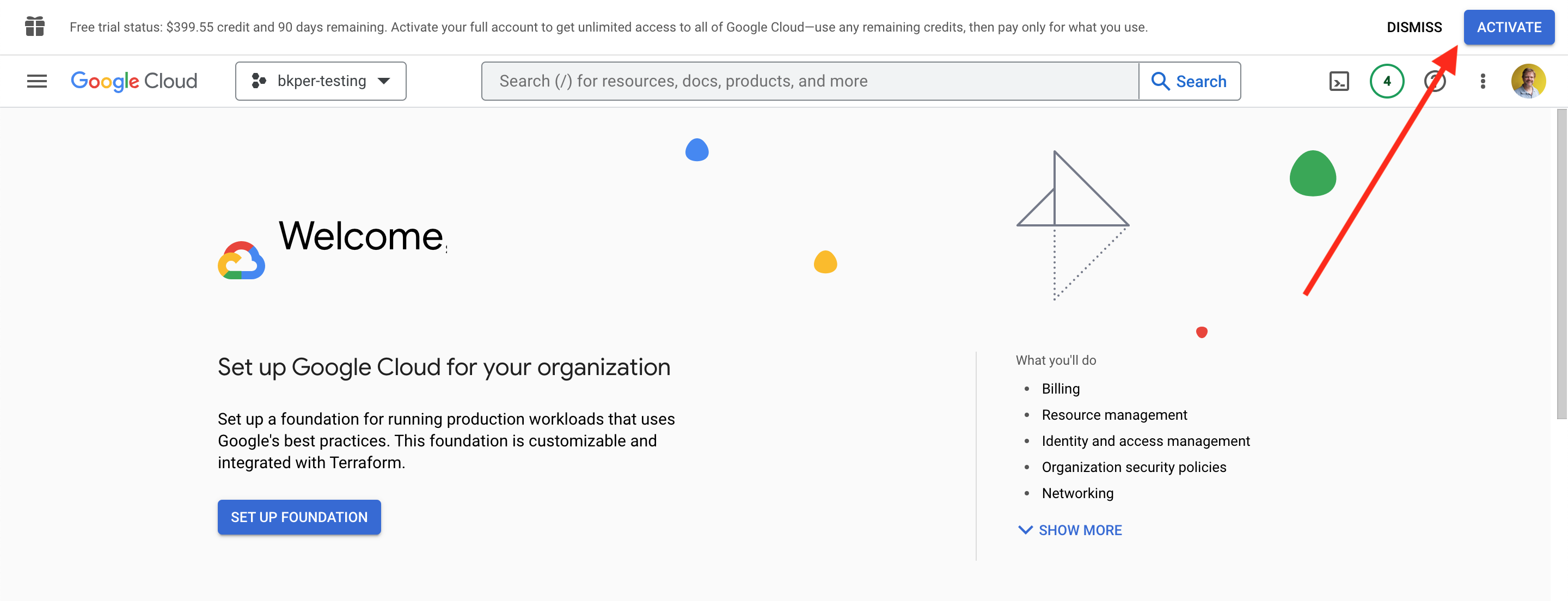 Google Cloud Console welcome page with the Activate free trial button