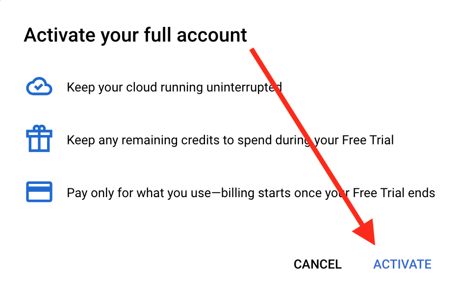 Google Cloud account activation screen