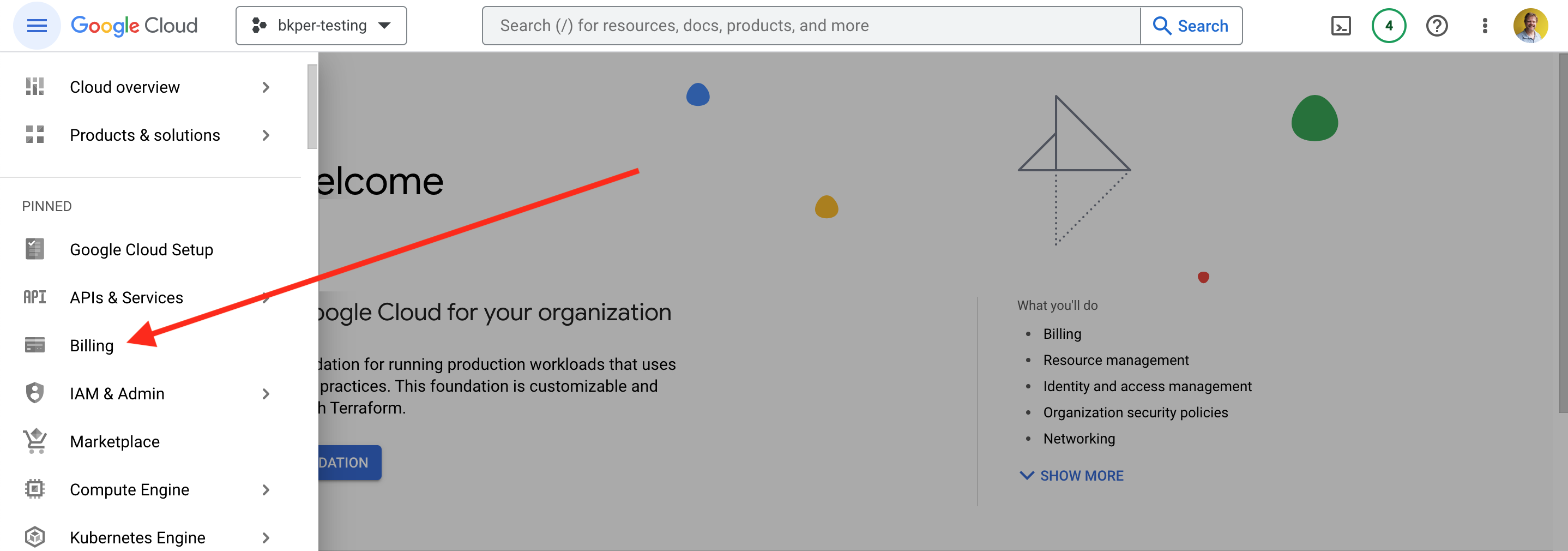 Google Cloud Console showing the Billing navigation