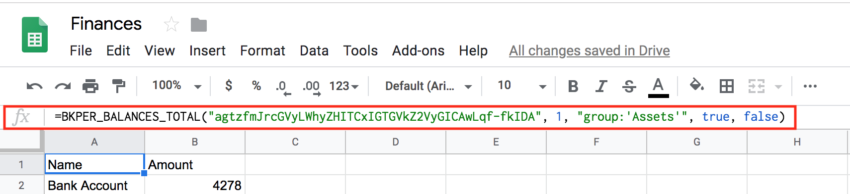 Google Sheets autocomplete showing available Bkper functions