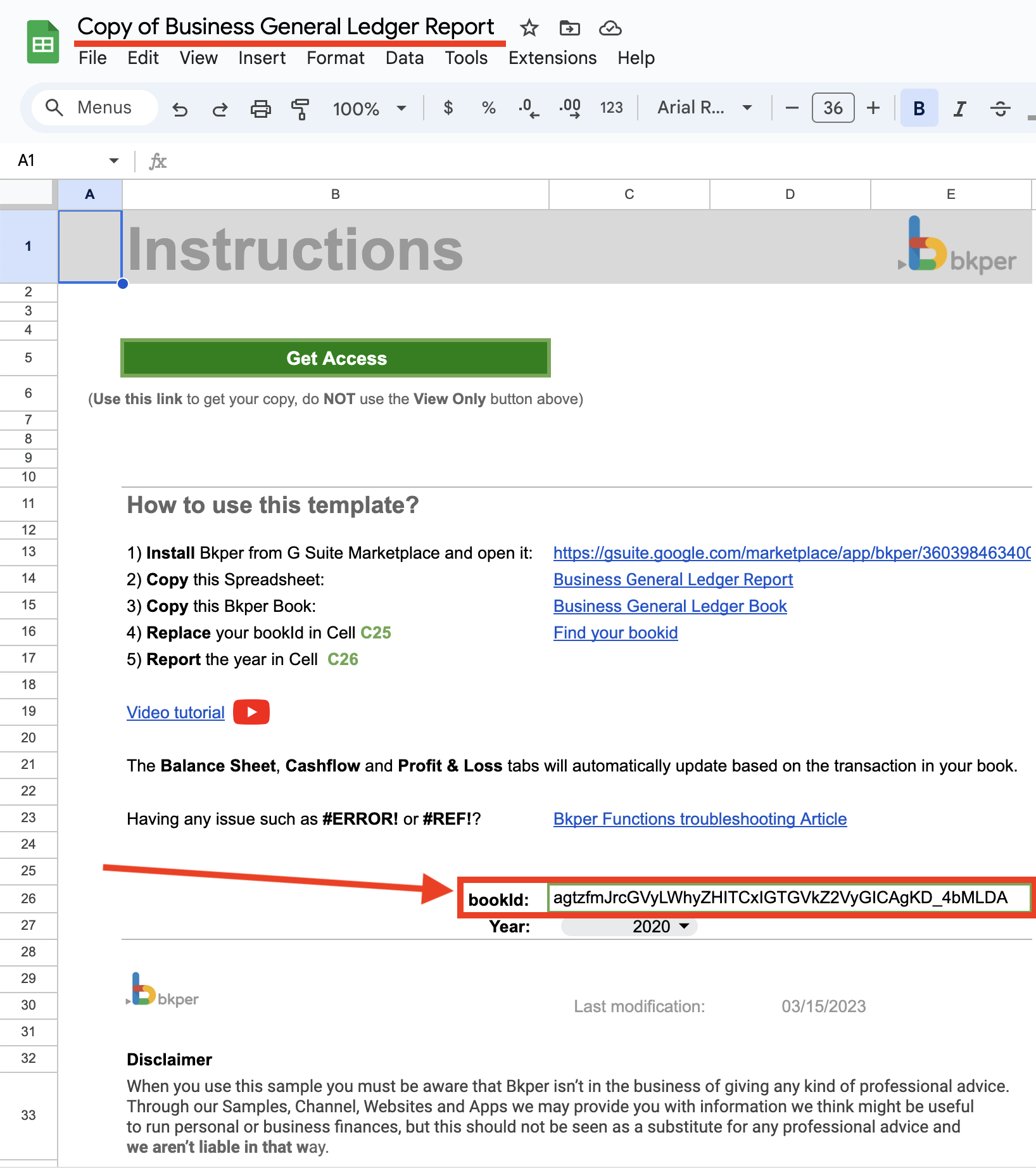 Replacing the bookId on the Instructions tab of the Google Sheet