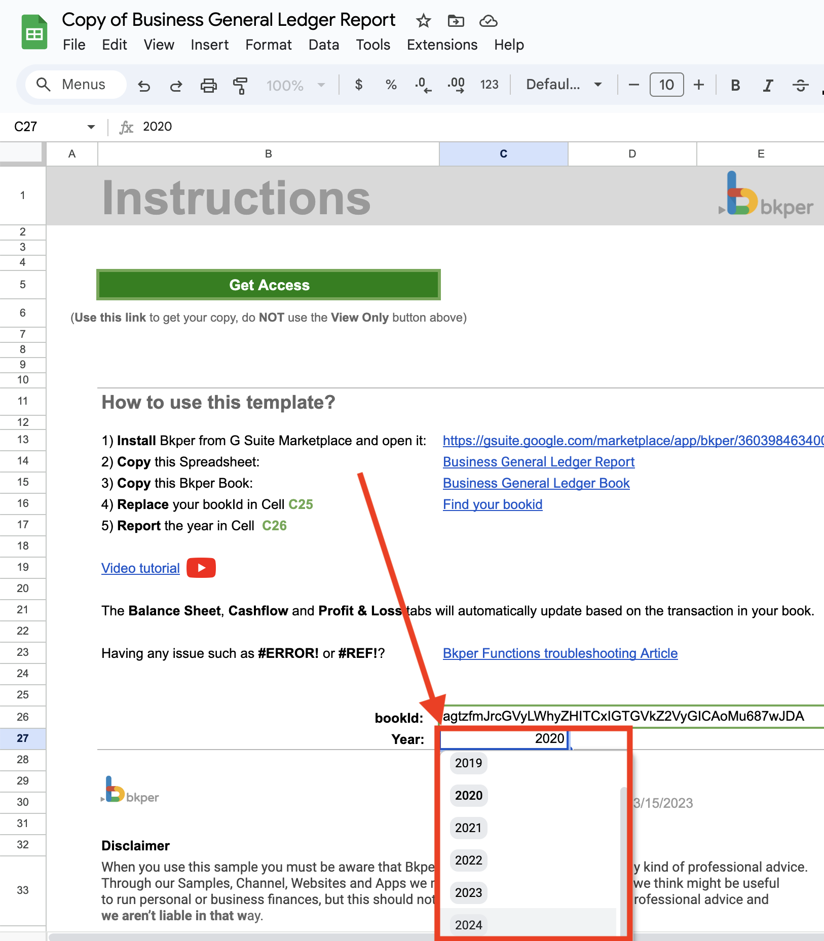Changing the year on the Instructions tab of the Google Sheet Template