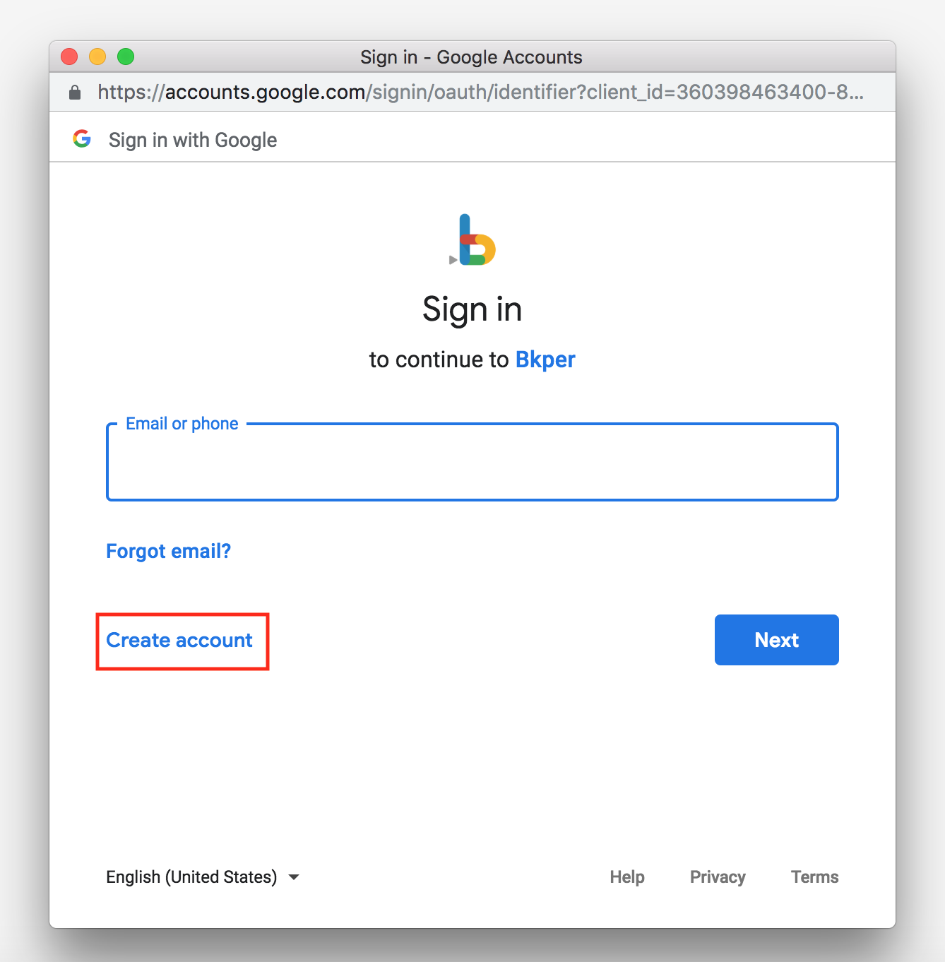 Google sign-in page showing the Create account option