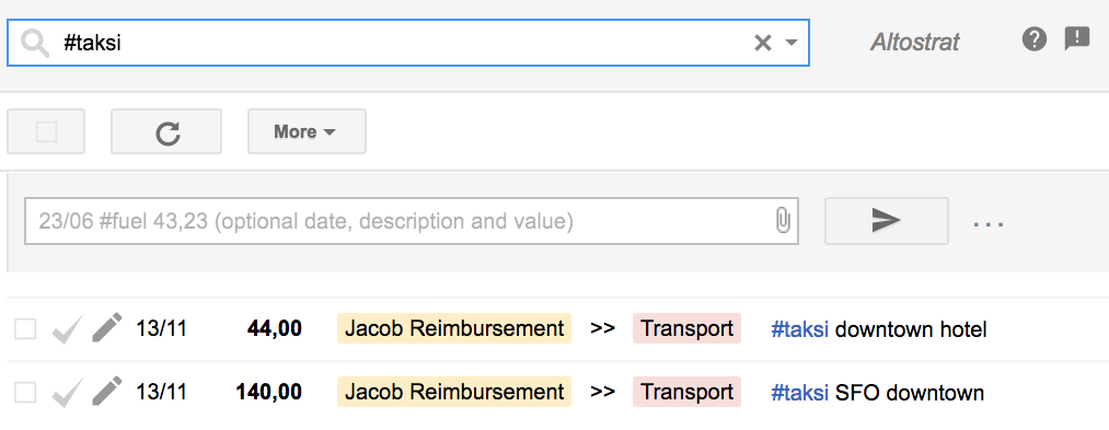 Searching for the misspelled hashtag #taksi in Bkper
