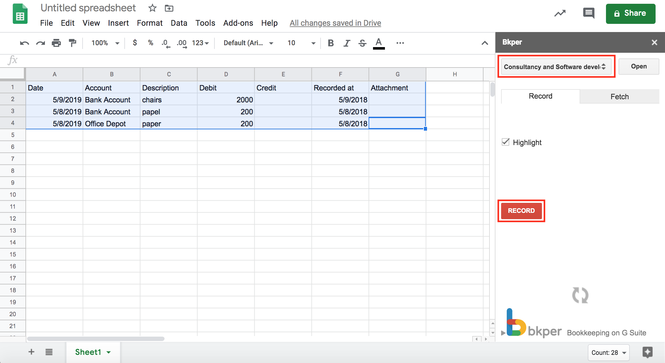 Pressing Record to import the selected data into Bkper