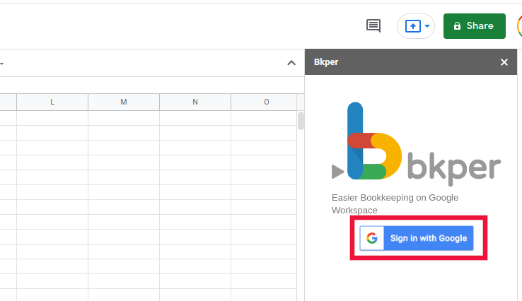 Sign in with Google button in the Bkper Add-on sidebar