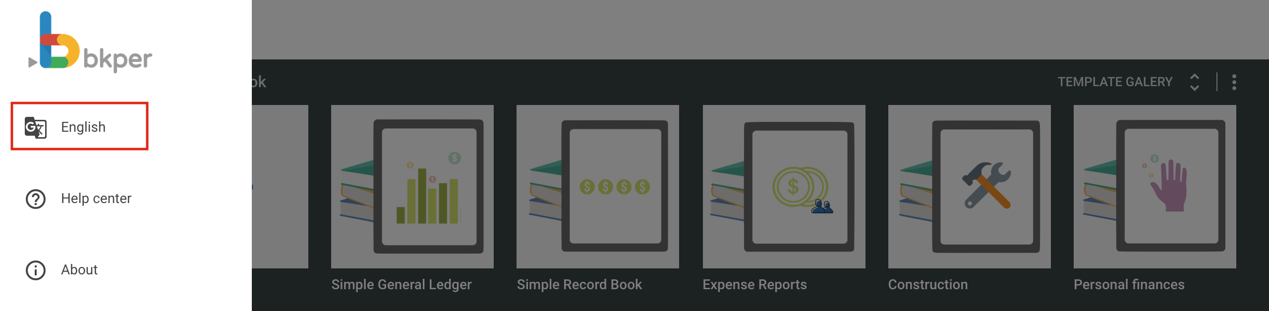 Language options available in Bkper