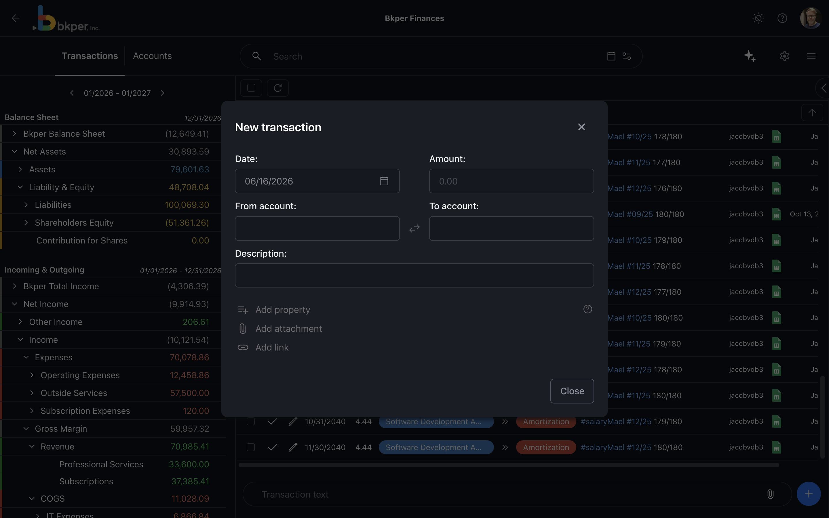 The current Bkper transaction form used to record date, amount, accounts, description, properties, attachments, and links
