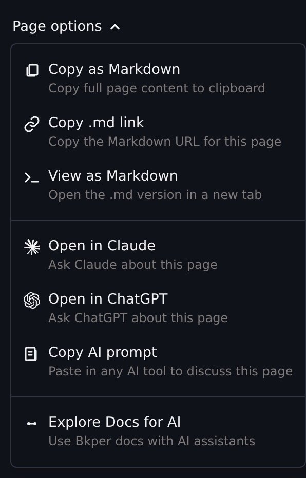 Page Options dropdown showing copy, view, and AI actions