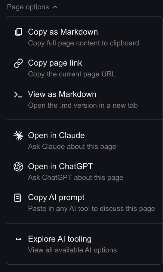 Page Options dropdown showing copy, view, and AI actions