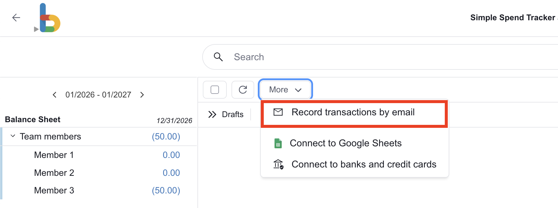 Record Transactions by email option in the More menu