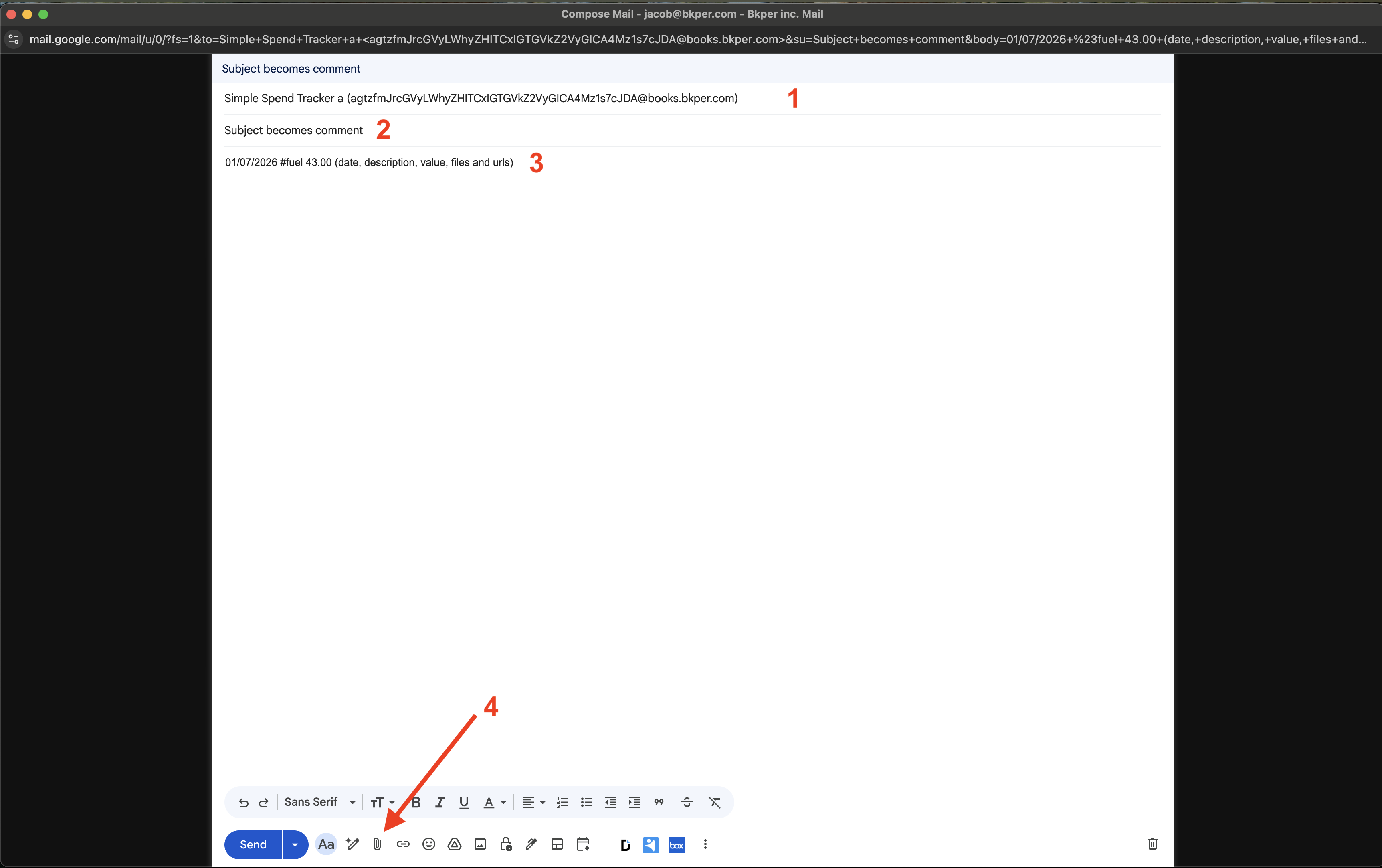 Gmail compose window addressed to your Bkper book