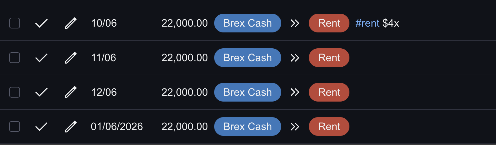 Four monthly rent transactions created by the multiplier
