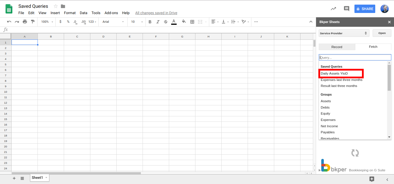 Using a saved query from the Bkper Add-on for Google Sheets to fetch data