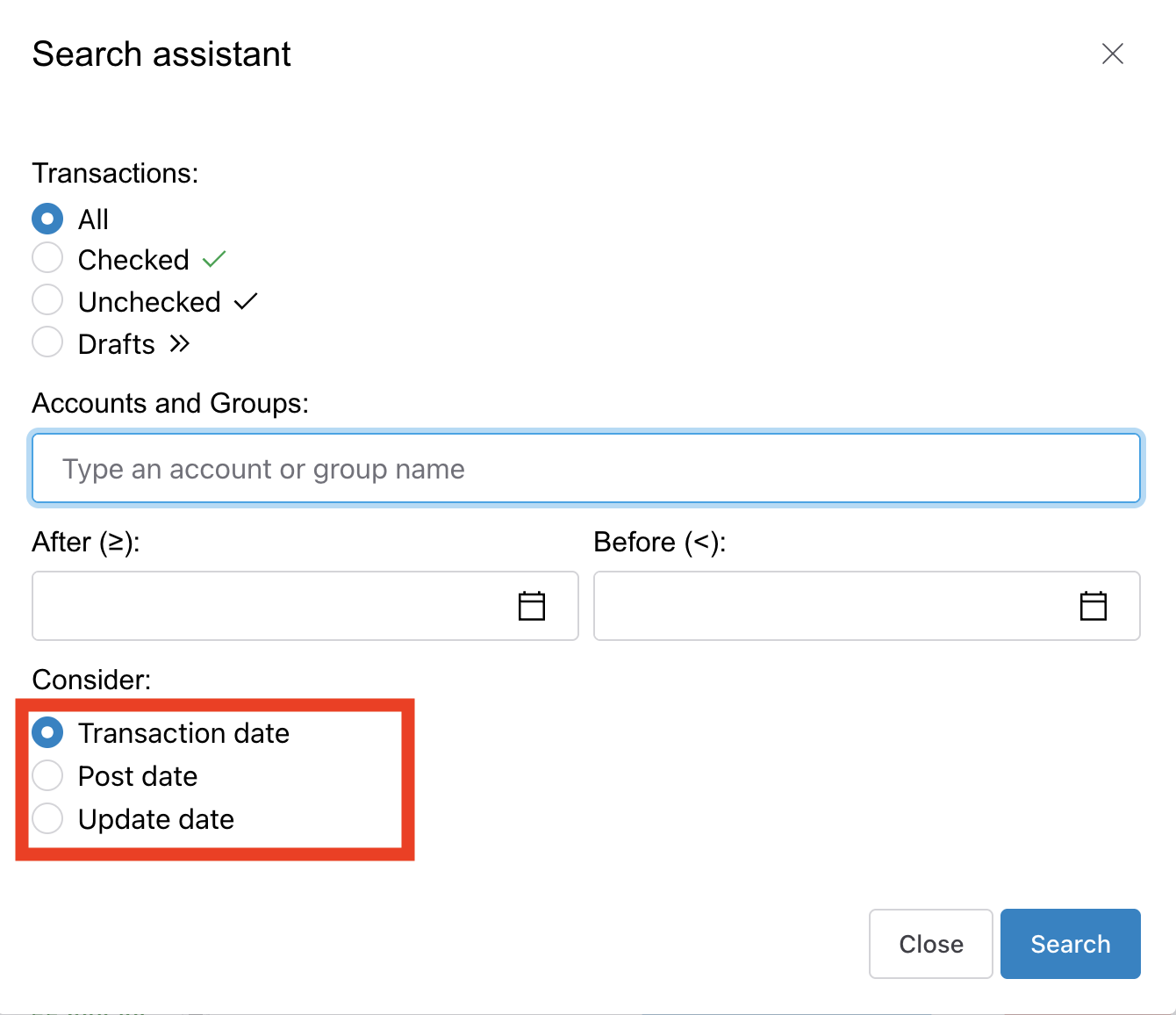 Date type selector showing Transaction Date, Post Date, and Update Date options