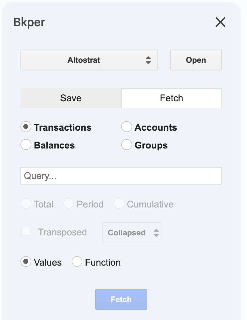 Bkper Add-on sidebar showing the Fetch tab with data type options