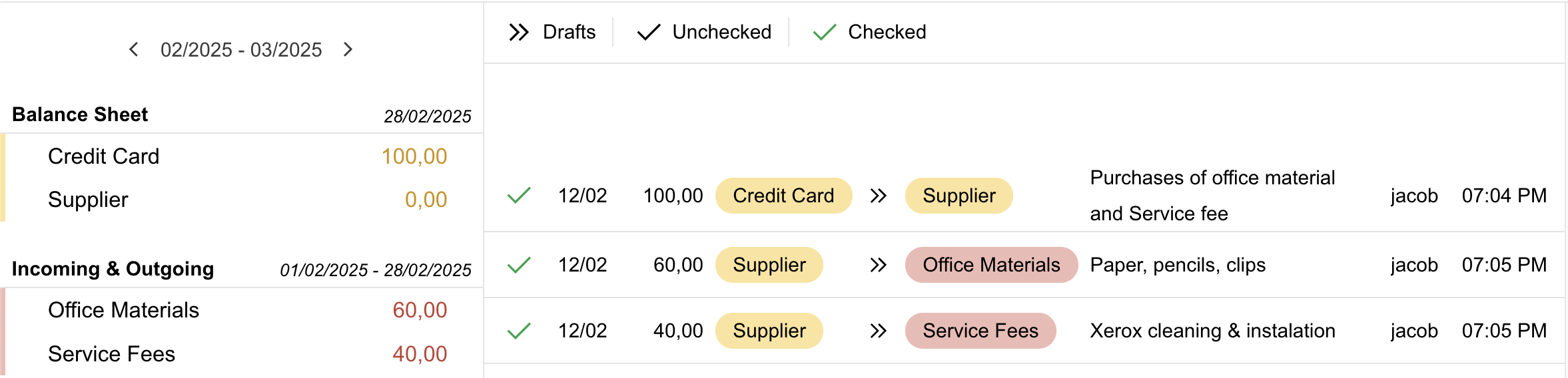 Split transaction in Bkper using a supplier as intermediate account