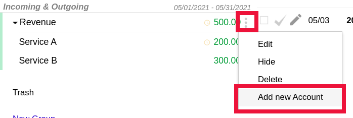 Adding a new account to the revenue group on the parent book