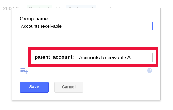 Parent account property set on the child book's Accounts Receivable group