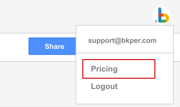 Bkper web app showing the avatar menu in the top-right corner