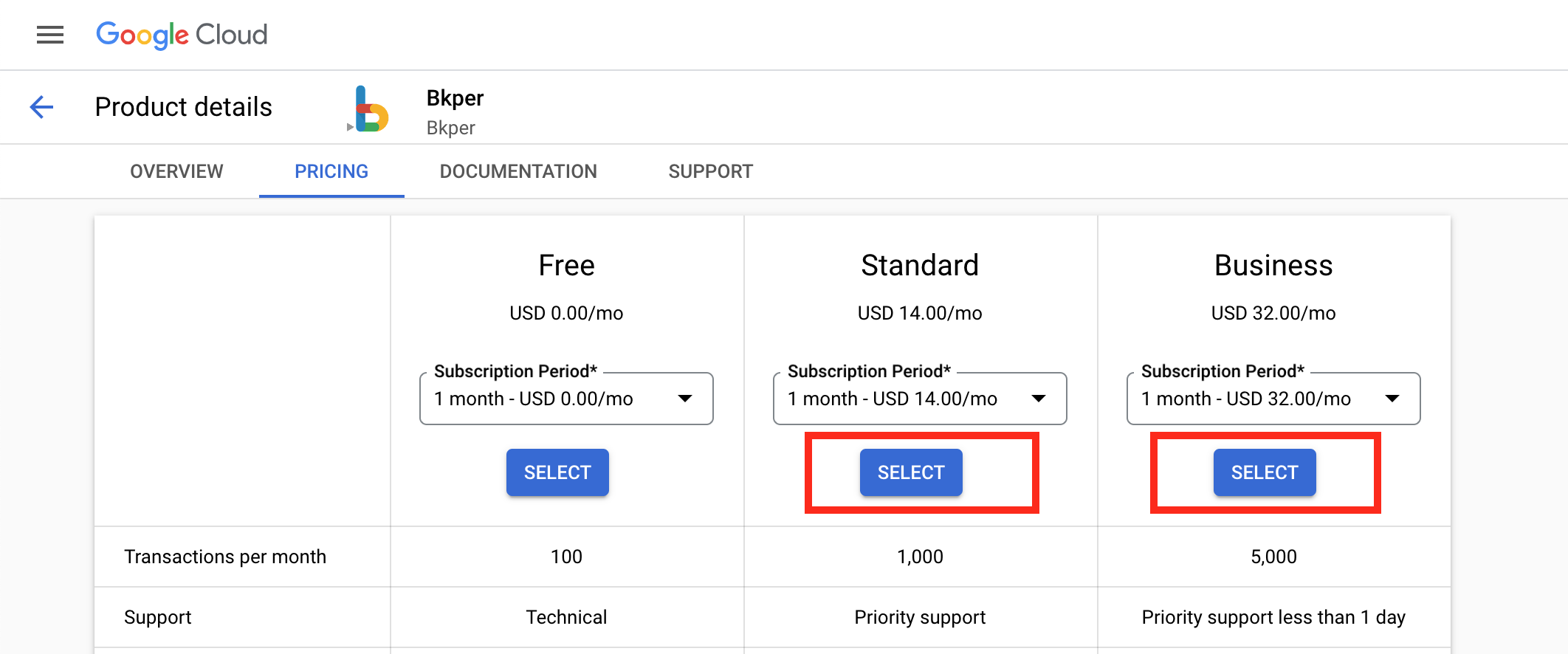 Plan selection screen on Google Cloud Marketplace