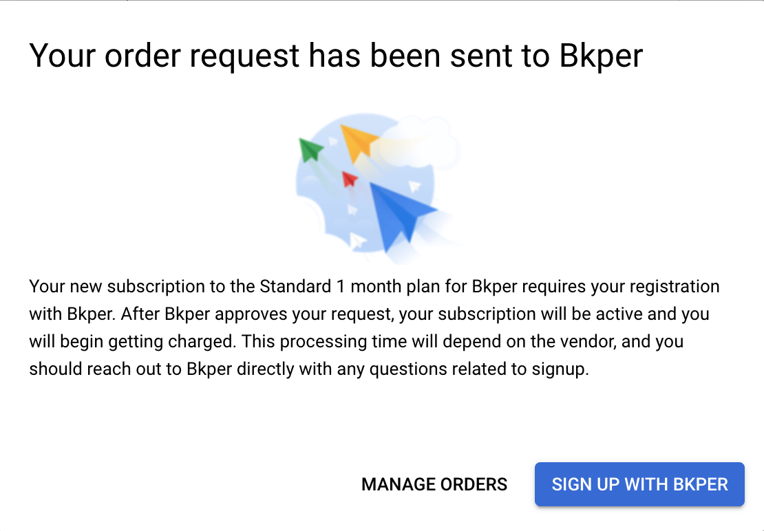 Google Cloud Marketplace page with the Sign Up With Bkper button