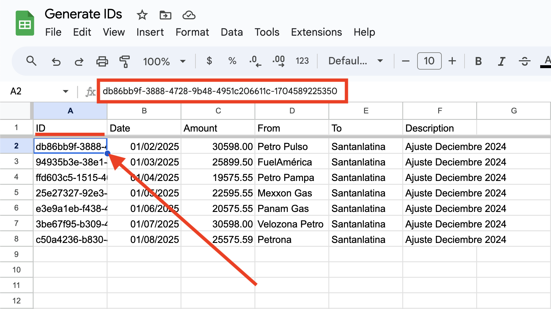 Google Sheet showing generated unique IDs in the ID column for each Transaction row