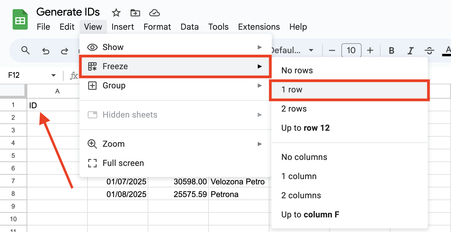 Google Sheet with frozen headers including an ID column for unique identifiers