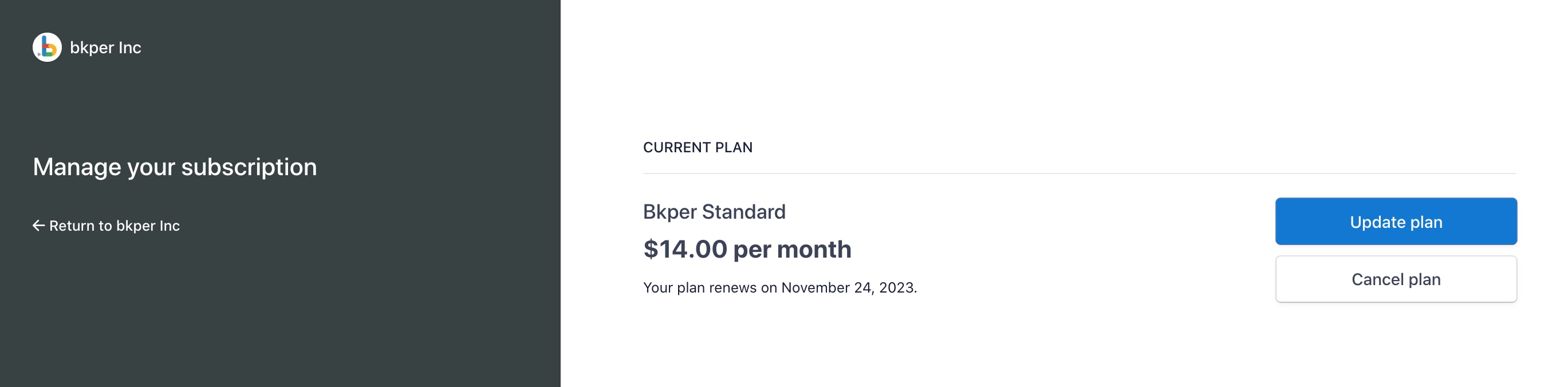 Bkper Billing page with the Update plan button