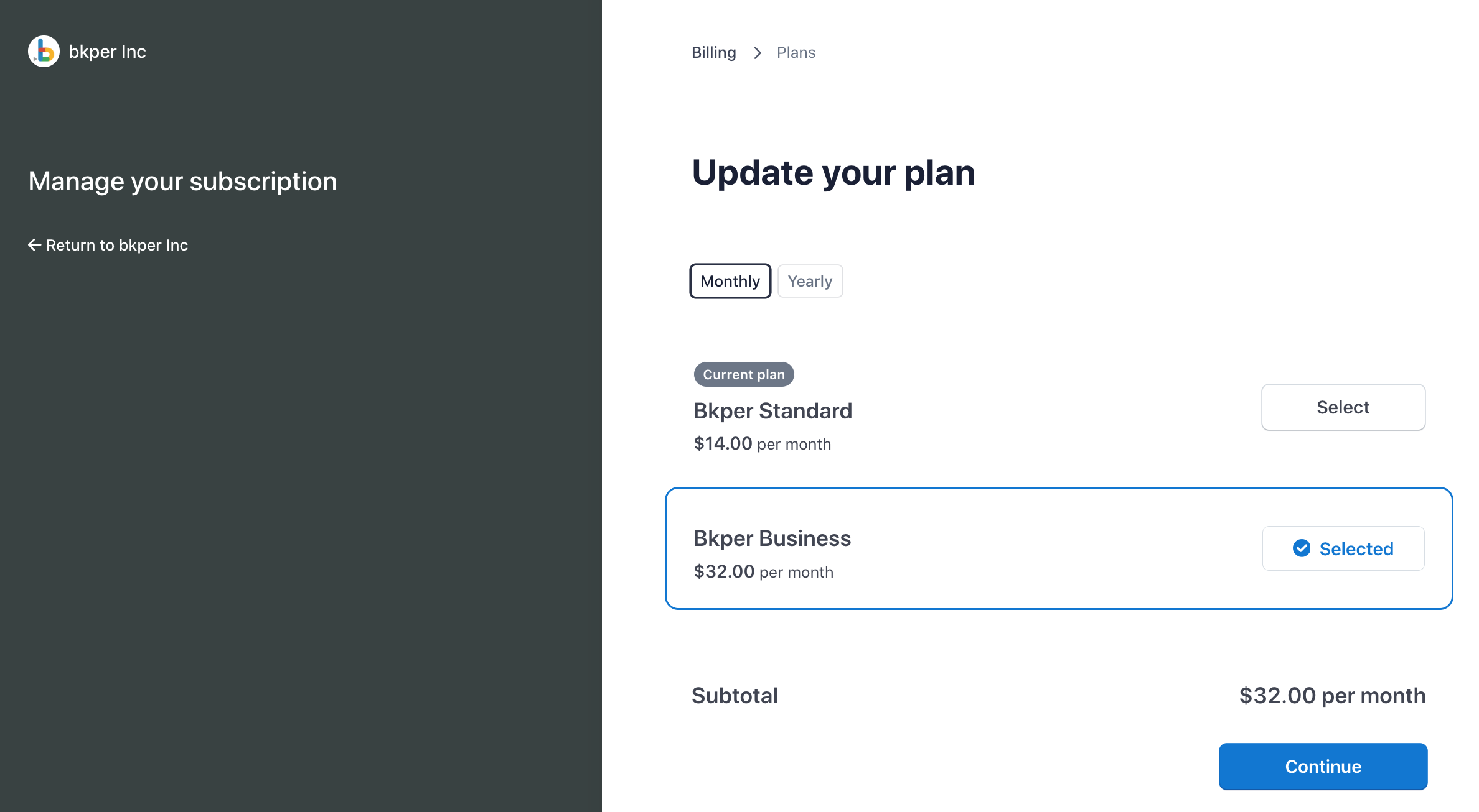 Plan selection screen showing available Bkper tiers