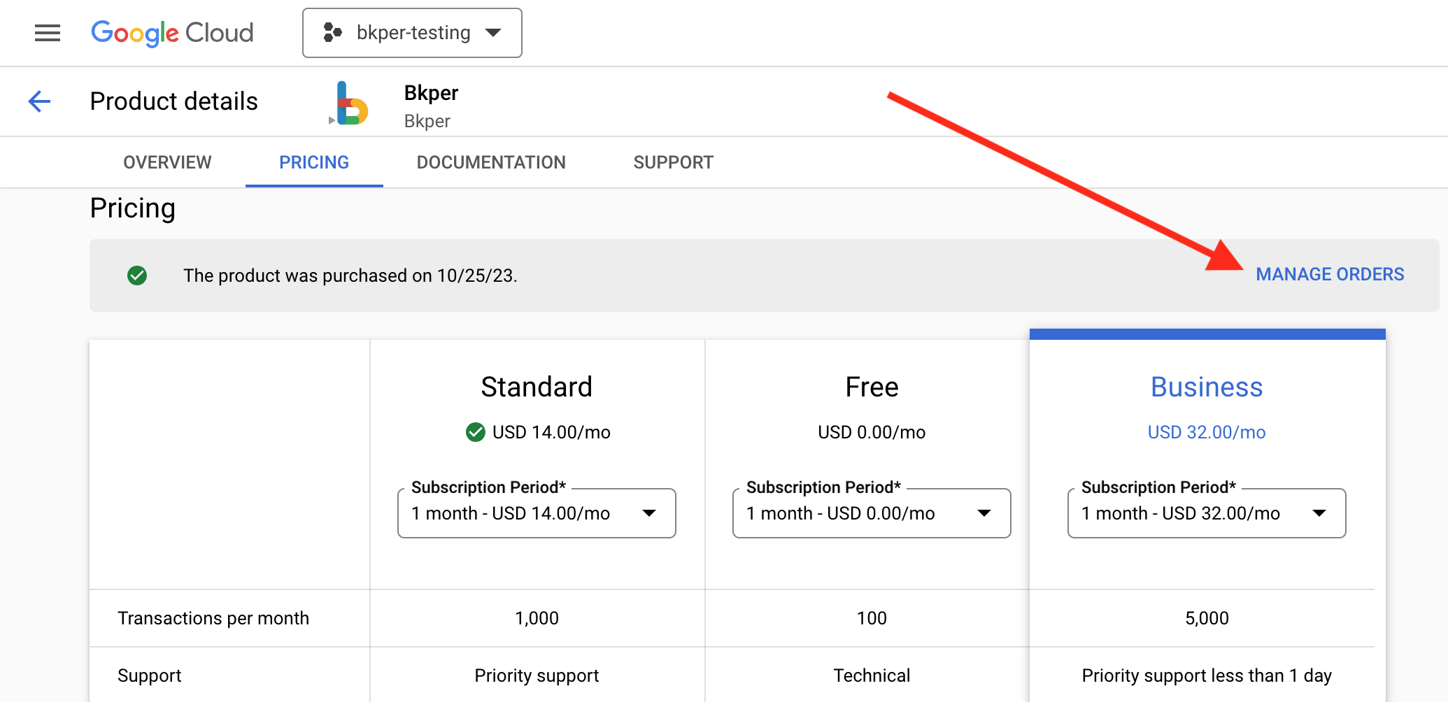 Google Cloud Marketplace Bkper listing with Manage Orders link