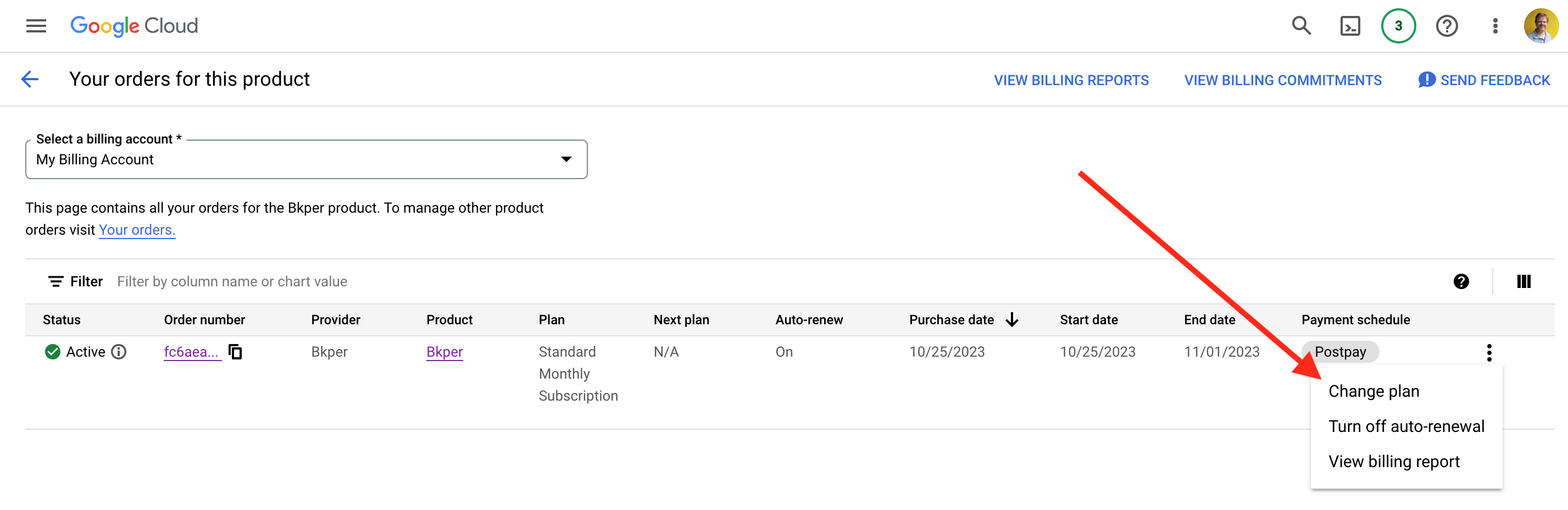GCP orders page showing the Change plan option for Bkper