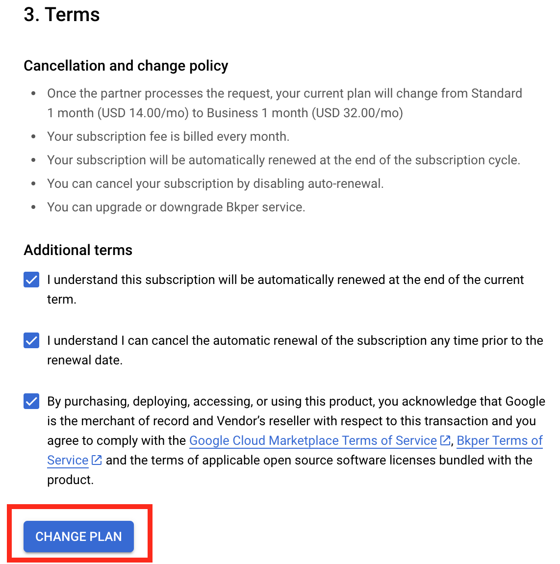 Google Cloud change plan confirmation with additional terms